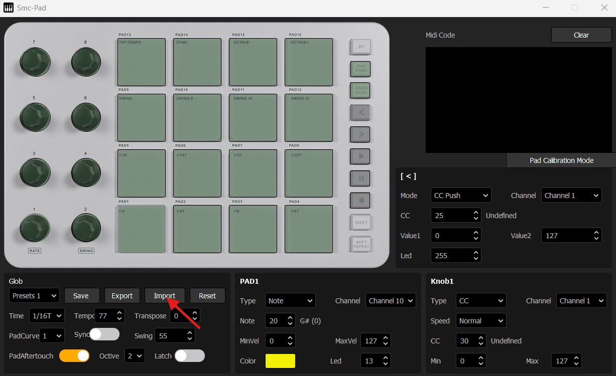 Classic MidiSuite: Import button in the Glob panel