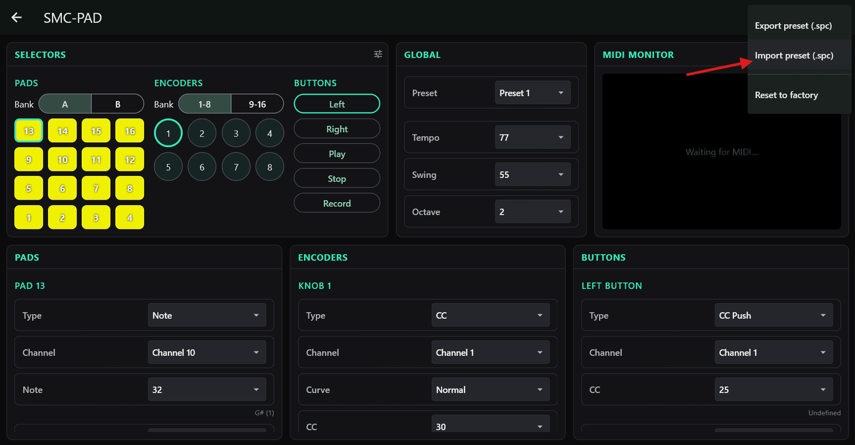 New MidiSuite: Import preset (.spc) in the top-right menu